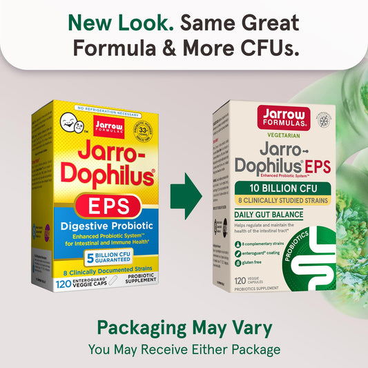 Jarrow Formulas Jarro-Dophilus EPS capsules closeup showing easy to swallow veggie capsules for daily use
