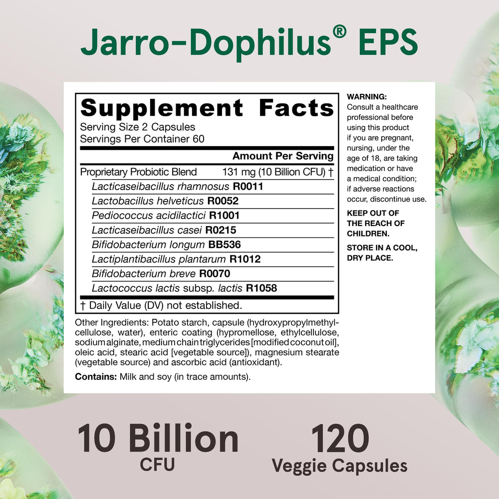 Jarrow Formulas Jarro-Dophilus EPS Enteroguard coating indicates stomach acid protection