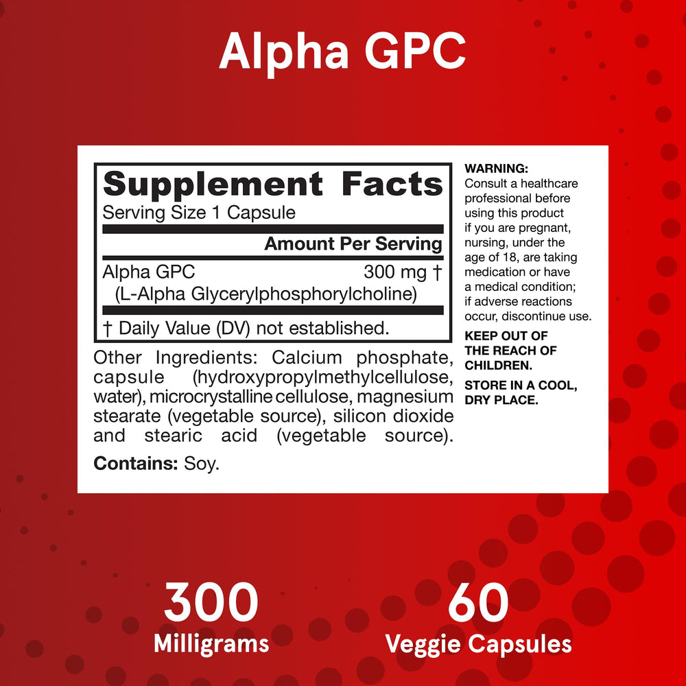 Veggie capsules of Jarrow Formulas Alpha GPC gluten-free and vegetarian