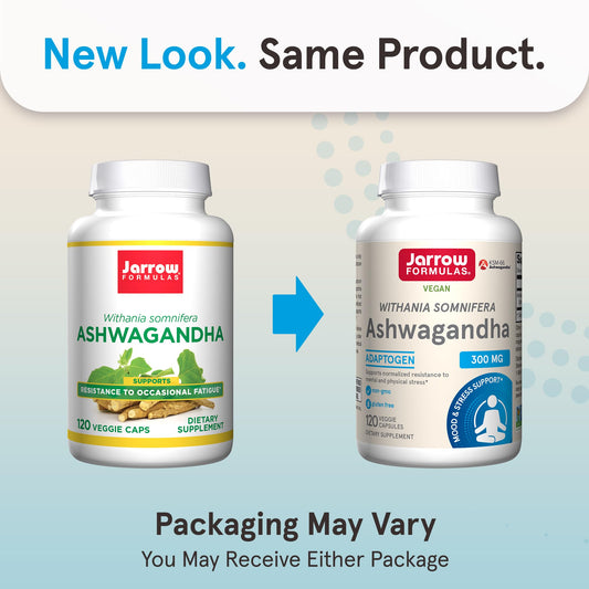 Jarrow Formulas Ashwagandha 300 mg label-back lists ingredients and serving details for transparency.
