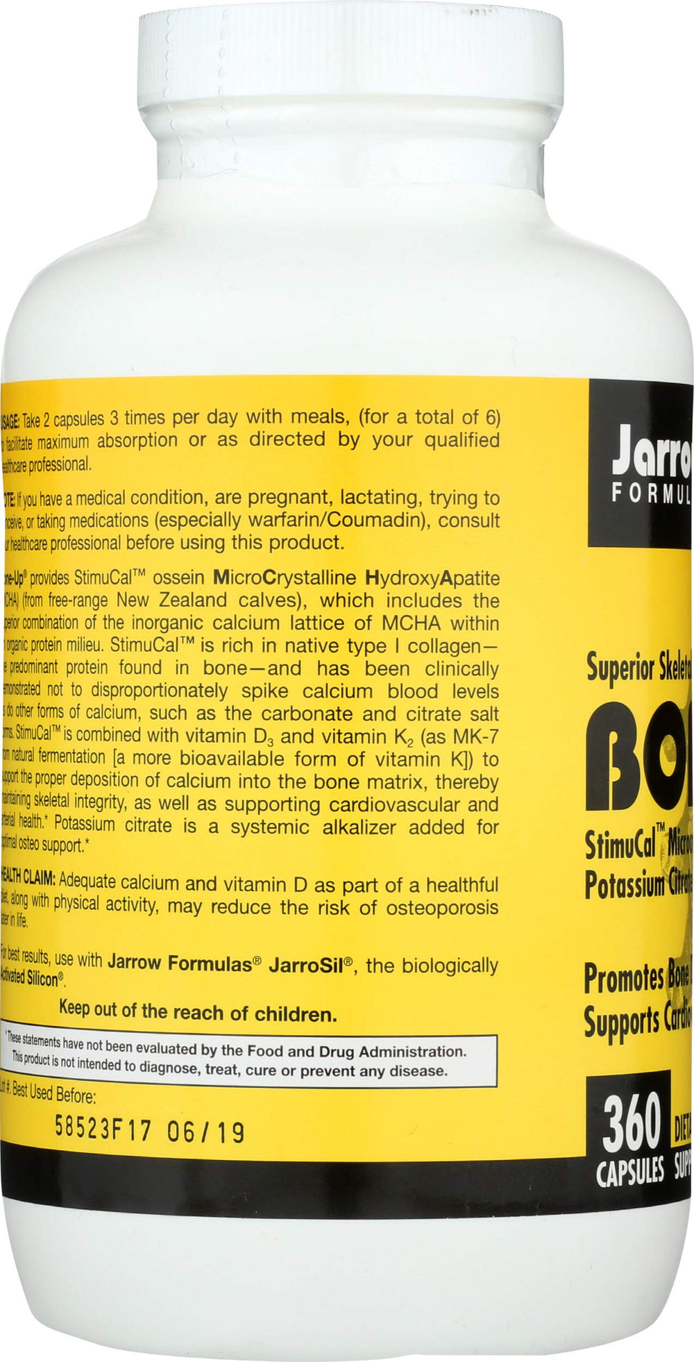 StimuCal MCHA ingredient label on BoneUp bottle illustrating natural calcium source