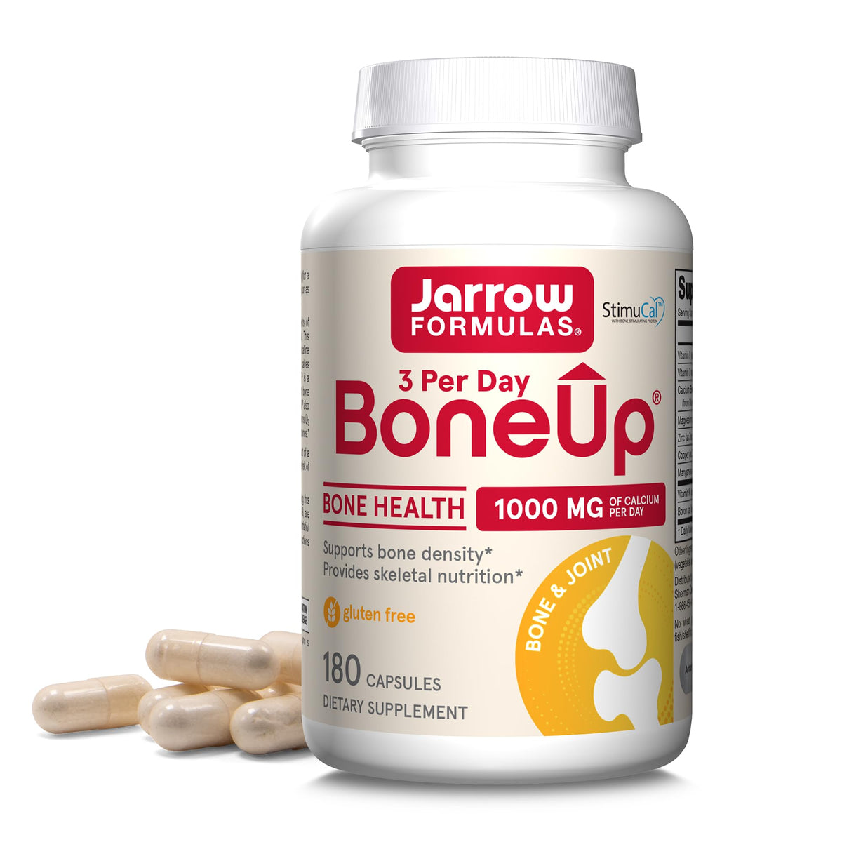 Jarrow Formulas BoneUp bottle front showing three per day capsules