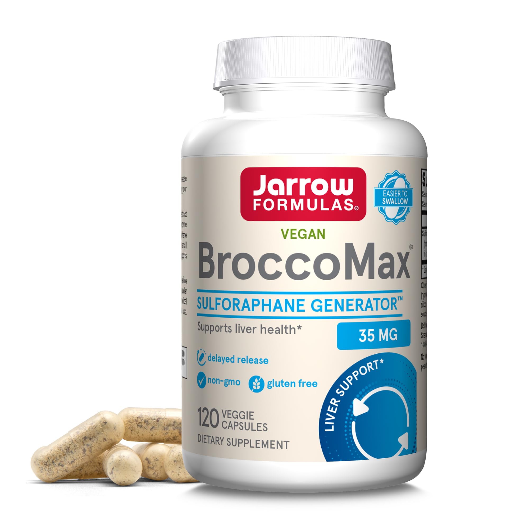 Jarrow Formulas BroccoMax bottle front view showing 120 capsules for liver support