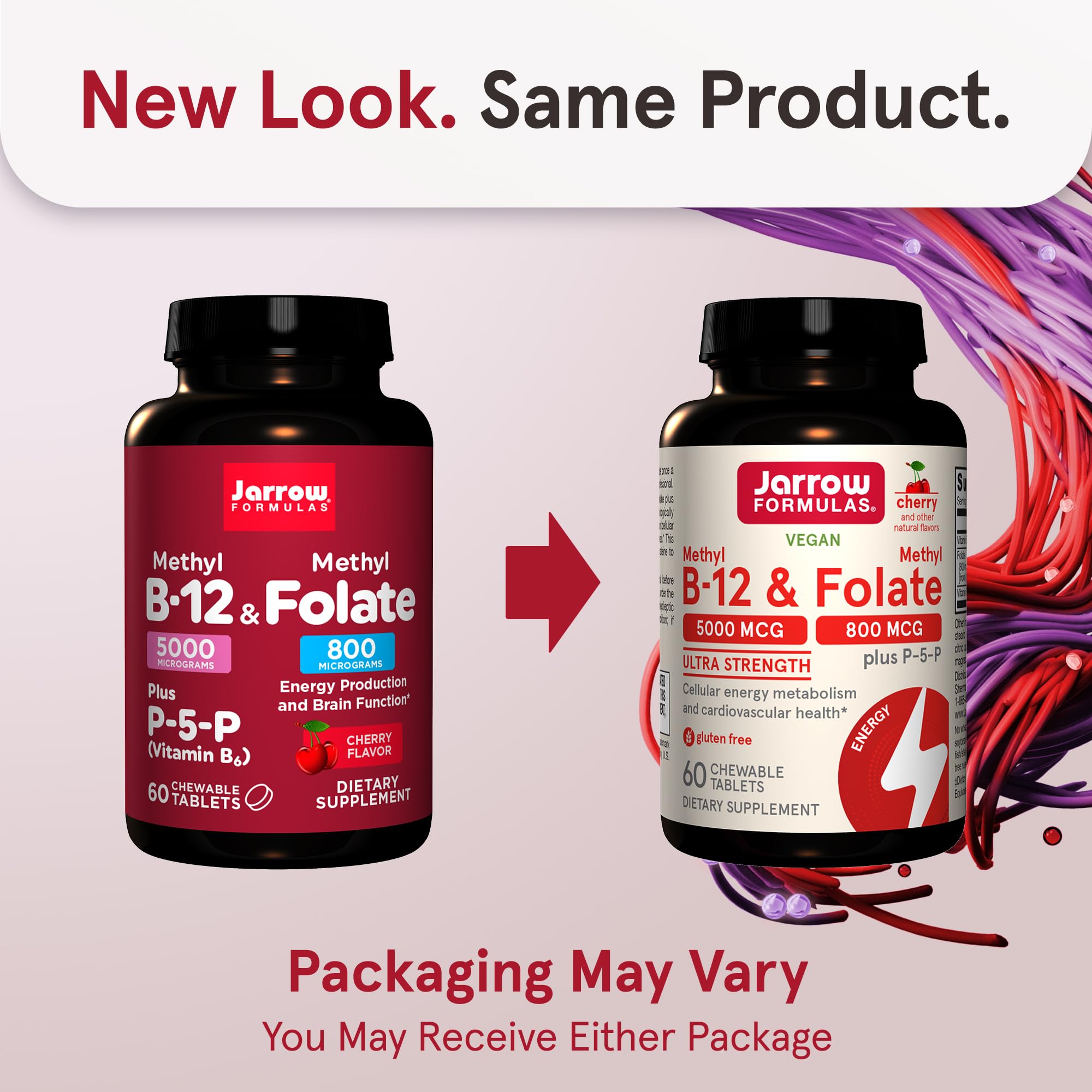 Jarrow Formulas Cherry-flavored methyl B-12 chewable tablet bottle for daily intake