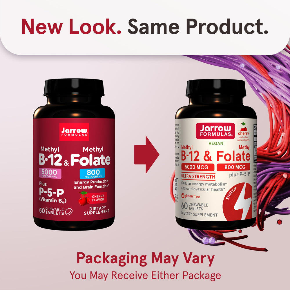 Jarrow Formulas Cherry-flavored methyl B-12 chewable tablet bottle for daily intake