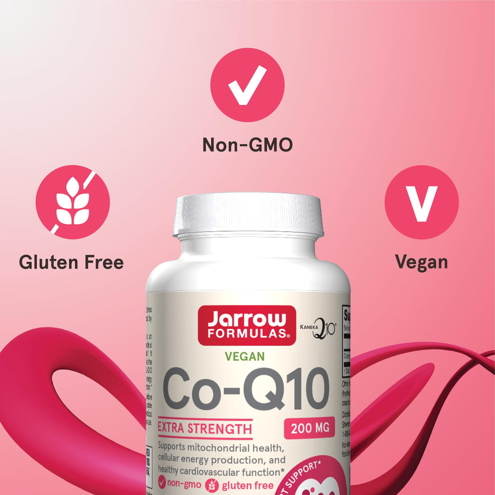 Jarrow Formulas Co-Q10 bottle on table for easy daily supplementation.