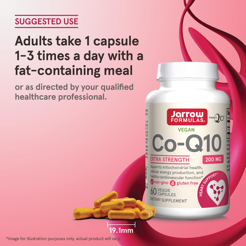 Jarrow Formulas Co-Q10 non-GMO badge near bottle.