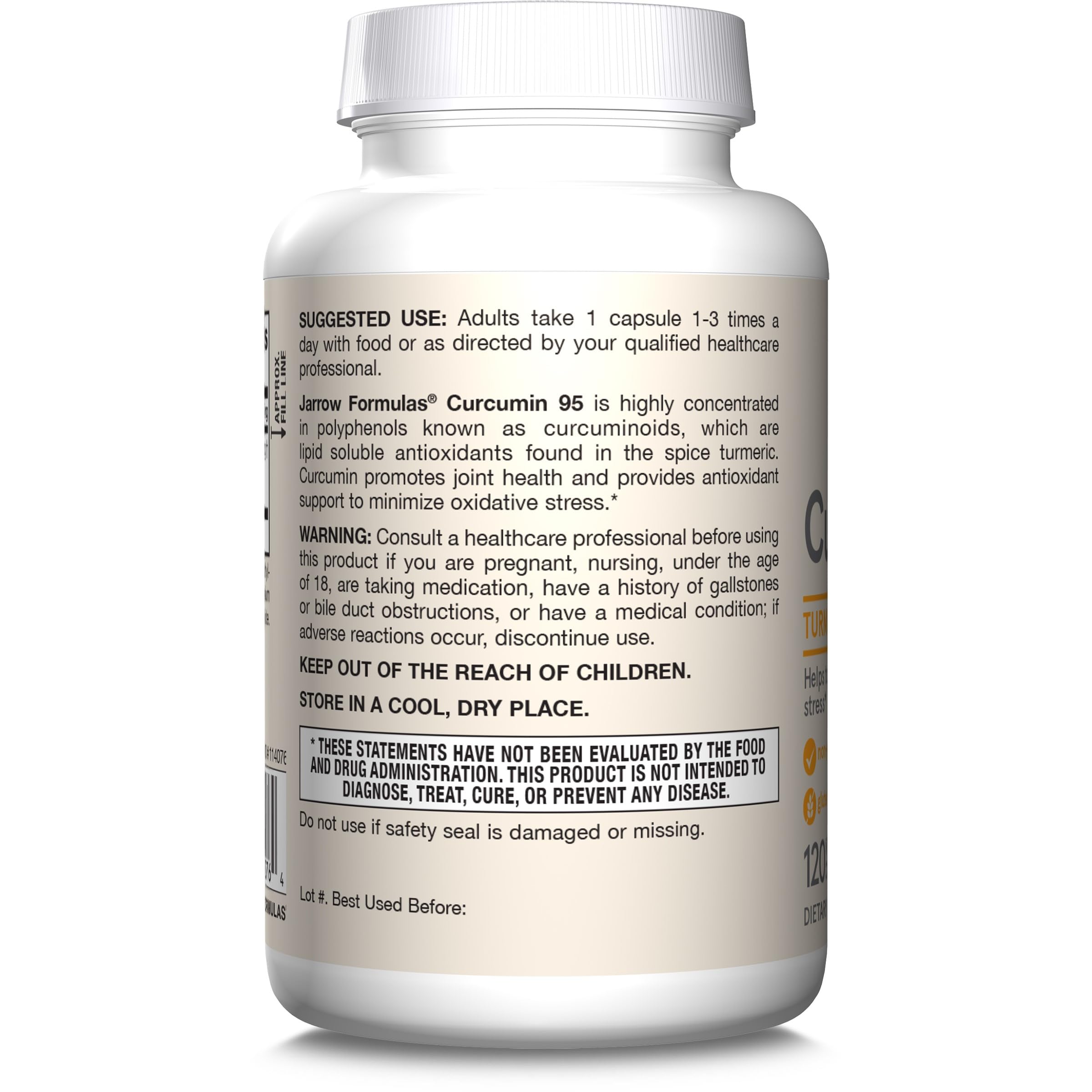 Close-up of Jarrow Formulas Curcumin 95 label showing non-GMO and allergen-free claims