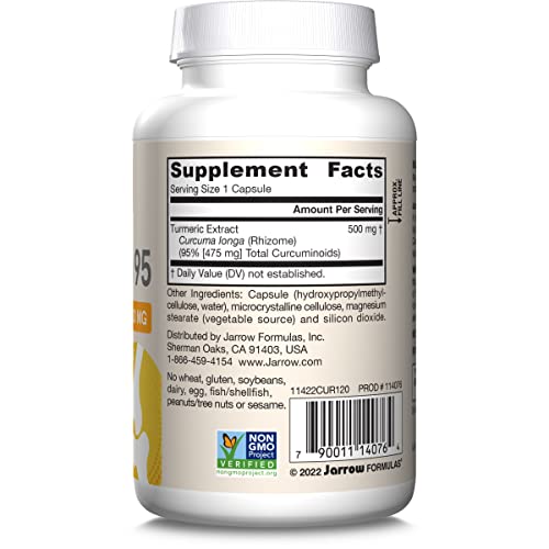 Jarrow Formulas Curcumin 95 foil label indicates quality testing.