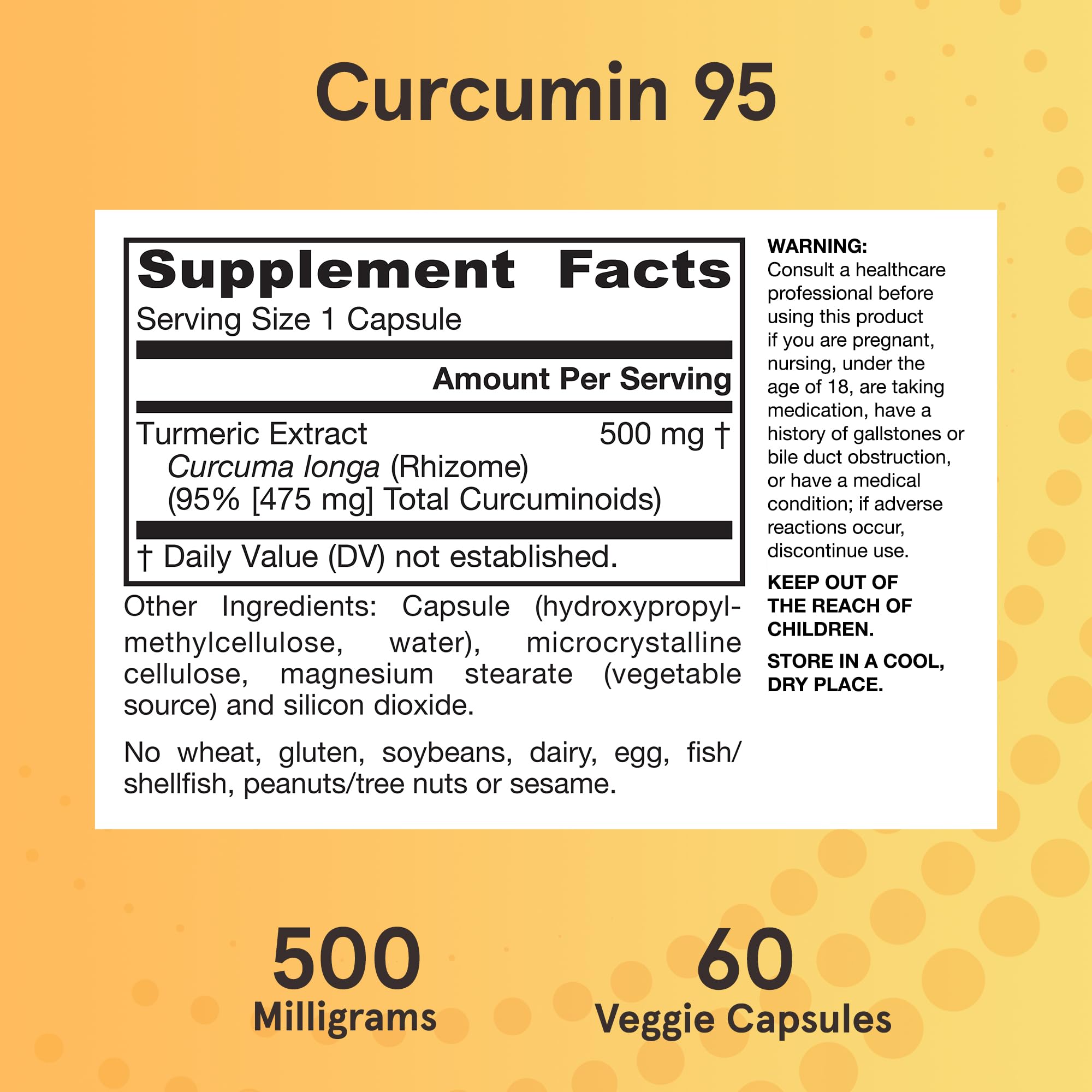 Jarrow Formulas Curcumin 95 vegan gluten-free veggie capsules support dietary choices.