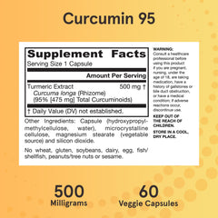 Jarrow Formulas Curcumin 95 vegan gluten-free veggie capsules support dietary choices.