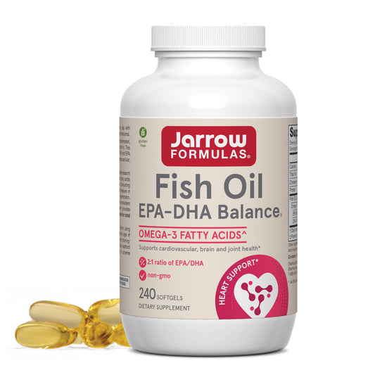 Jarrow Formulas EPA-DHA Balance bottle with 240 softgels for cardiovascular support.