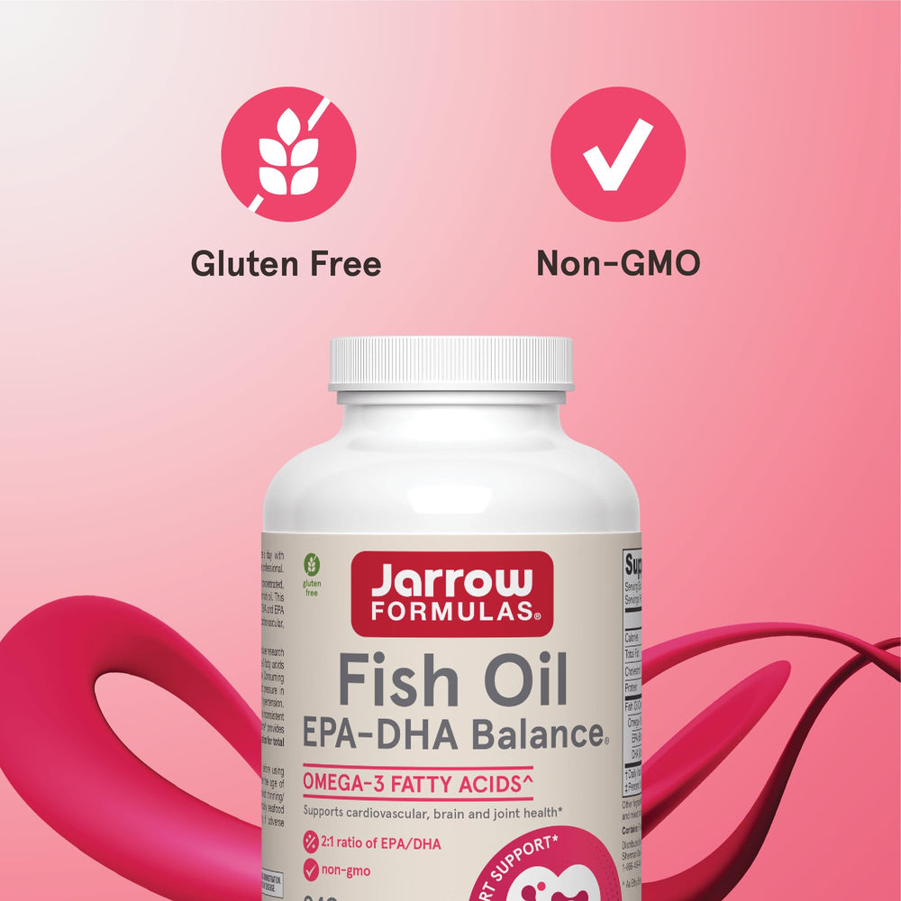 Purified fish oil bottle from Jarrow Formulas EPA-DHA Balance on a clean surface.