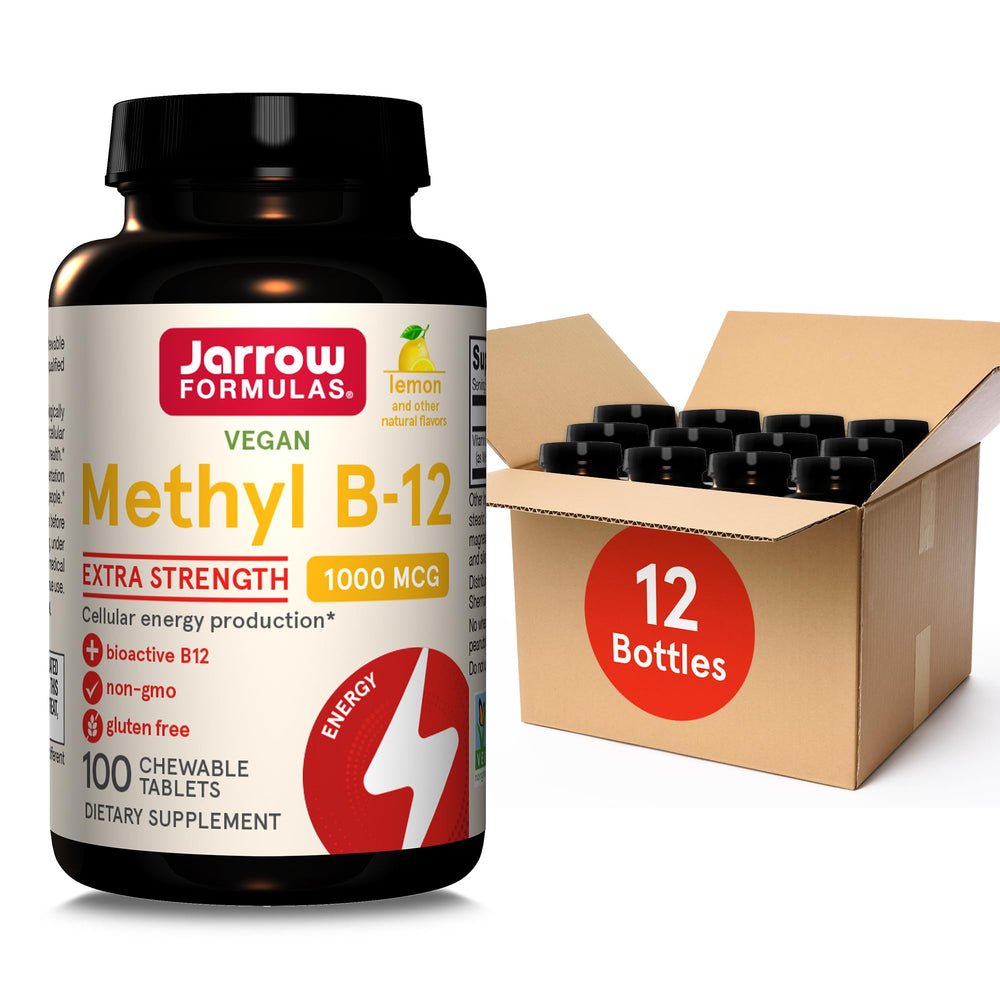Jarrow Formulas Extra Strength Methyl B-12 bottle highlighting energy-support chewables.