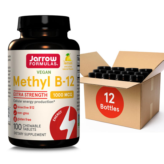 Jarrow Formulas Extra Strength Methyl B-12 bottle highlighting energy-support chewables.