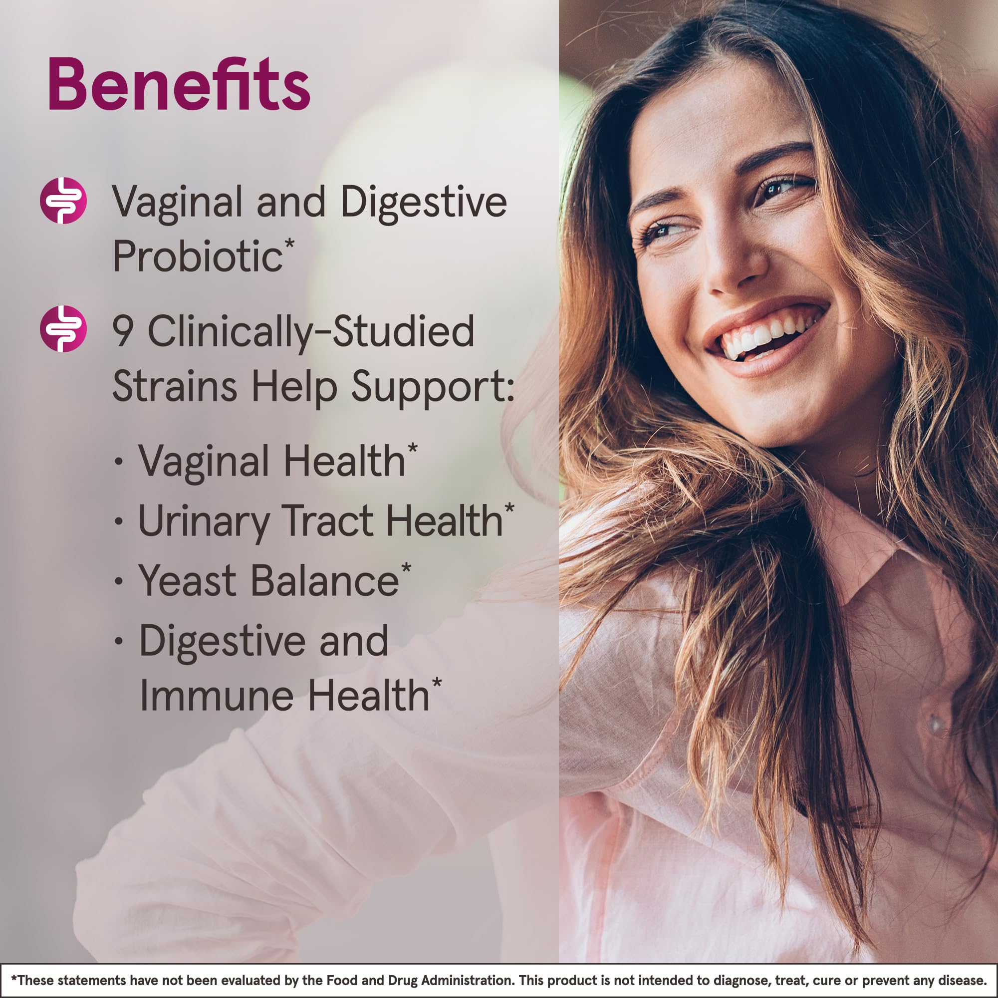 Fem-Dophilus capsules close-up highlighting nine clinically studied strains for women's wellness