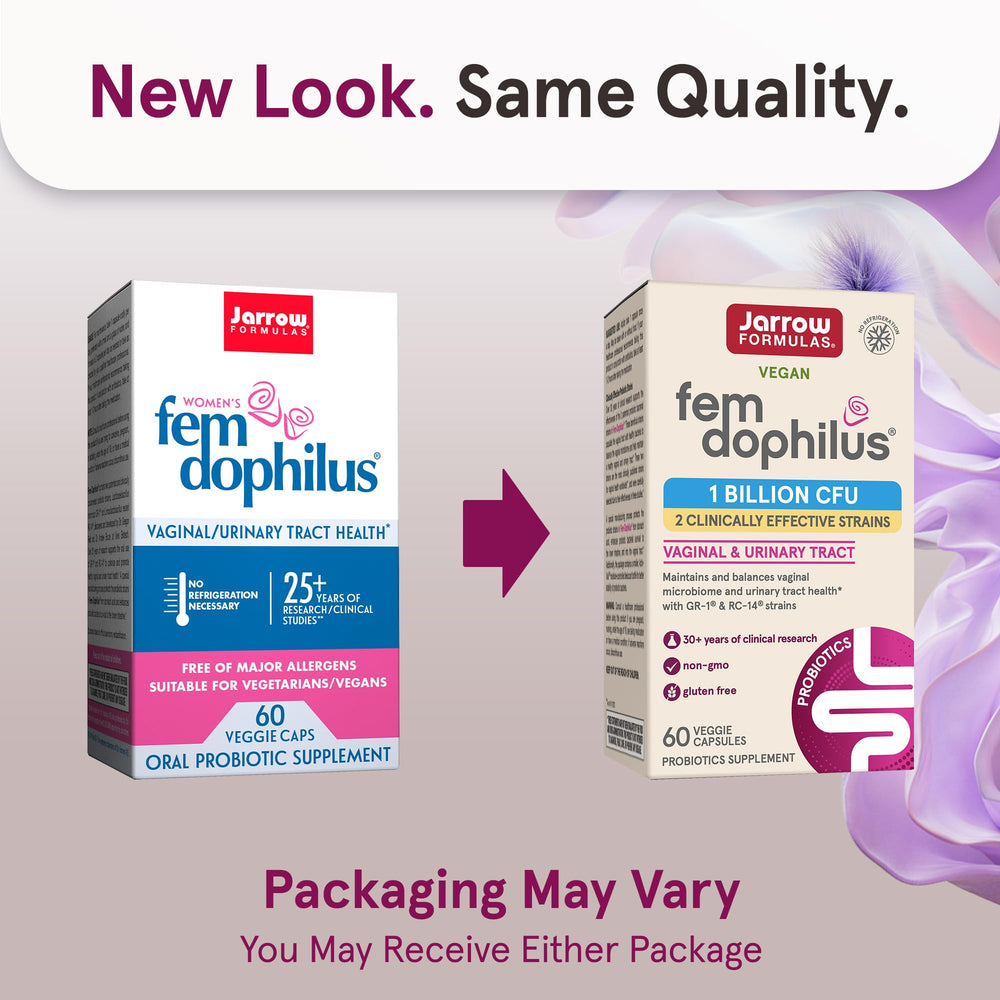 Close-up of Fem-Dophilus capsules highlighting vegan, gluten-free formula for daily wellness.