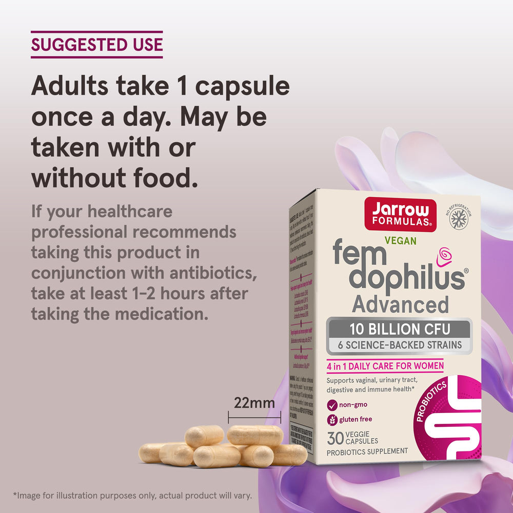 Jarrow Formulas Fem-Dophilus capsules labeled vegan-friendly.