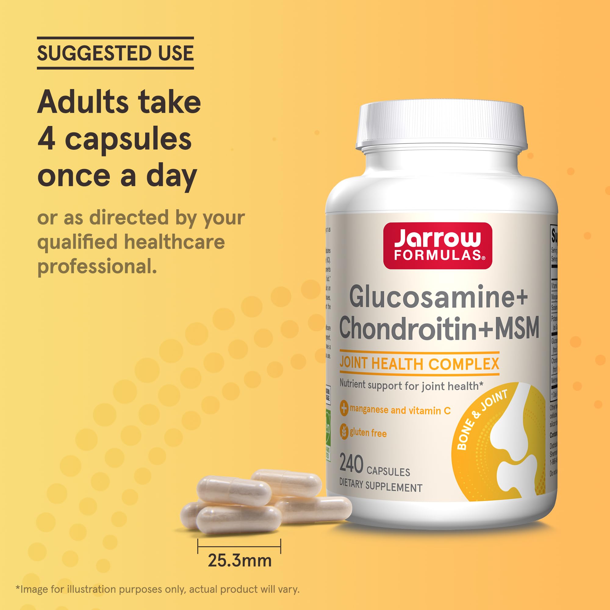 Jarrow Formulas glucosamine-chondroitin-msm capsules in hand for easy daily use