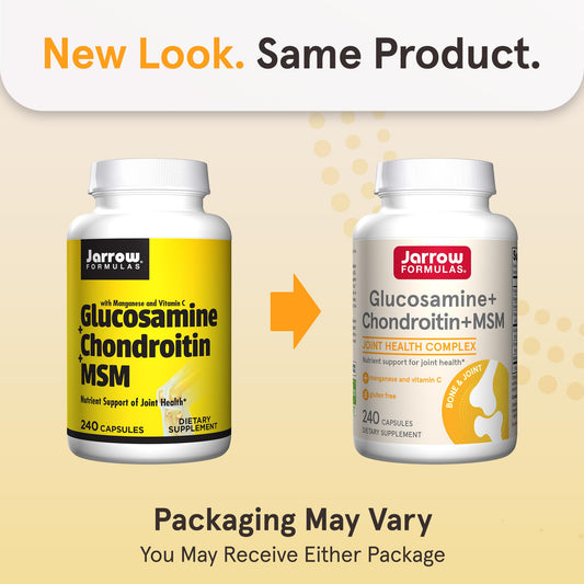 Jarrow Formulas ingredients panel lists glucosamine sulfate, chondroitin sulfate, and MSM