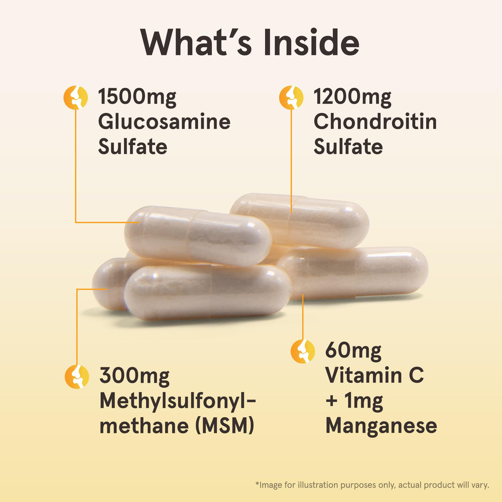 Capsules of Jarrow Formulas glucosamine-chondroitin-msm lie beside the bottle