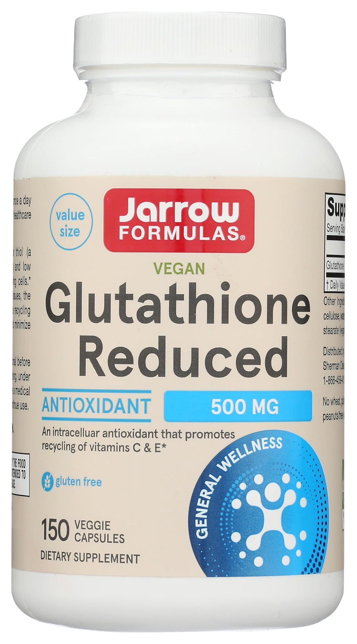 Jarrow Formulas Glutathione Reduced 500 mg bottle on a kitchen counter for daily antioxidant support.