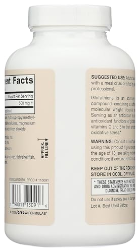 Capsules in a clear jar by Jarrow Formulas show vegan, non-GMO glutathione options for daily antioxidant support.
