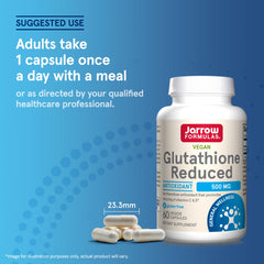 Jarrow Formulas Glutathione Reduced side-view bottle showcases compact design.