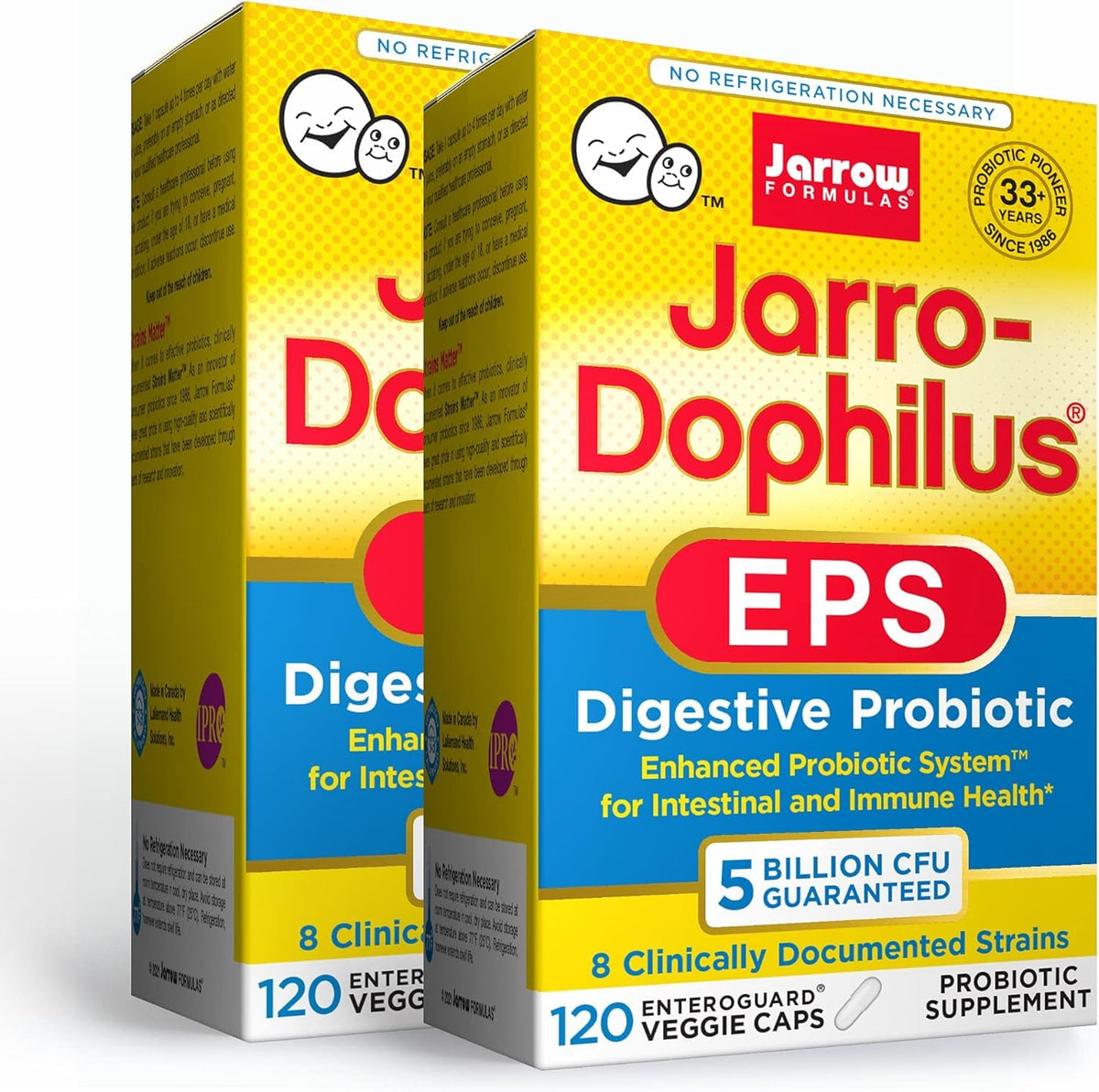 Jarrow Formulas Jarro-Dophilus EPS bottle front with enteric-coated capsules for stomach protection.