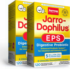 Jarrow Formulas Jarro-Dophilus EPS bottle front with enteric-coated capsules for stomach protection.