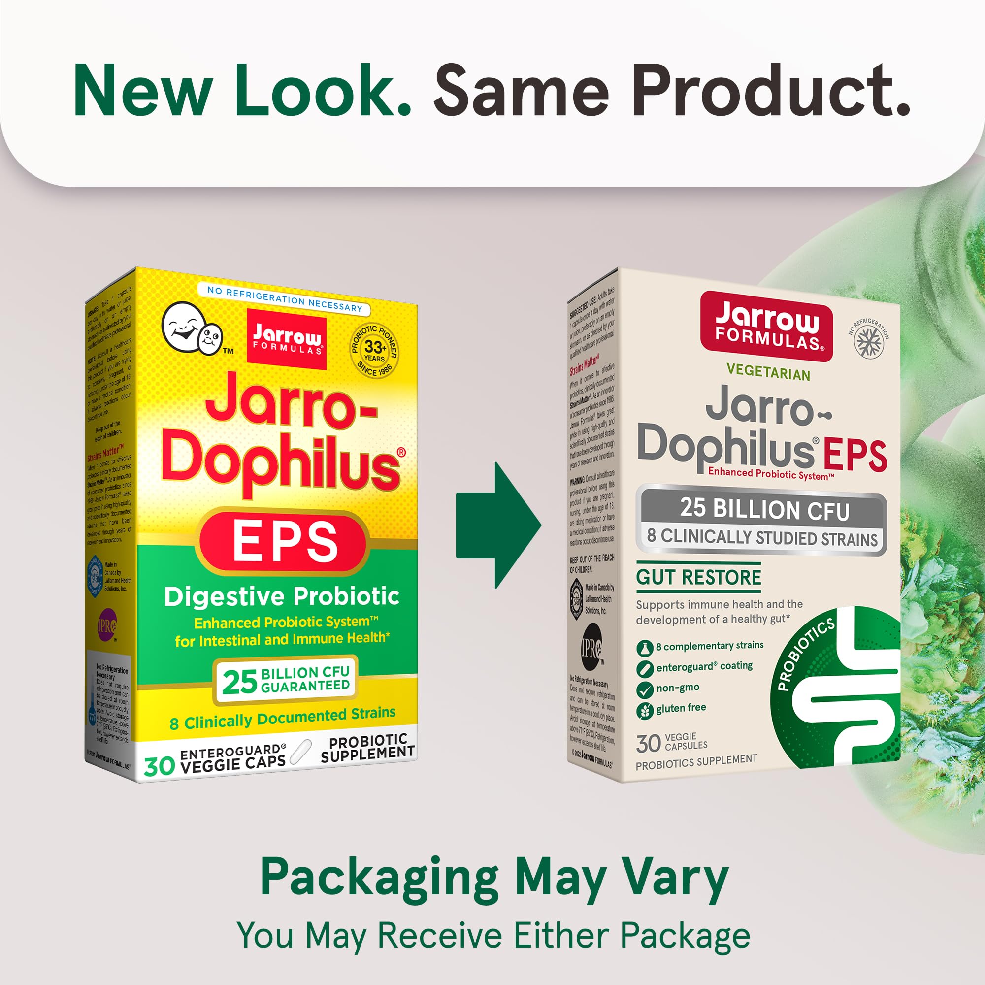 Close-up of Jarro-Dophilus EPS capsules for easy daily dosing.