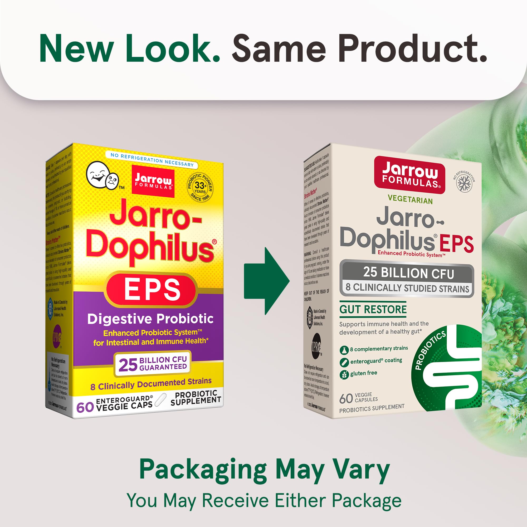 Close-up of Jarro-Dophilus EPS capsules highlighting vegetarian formula