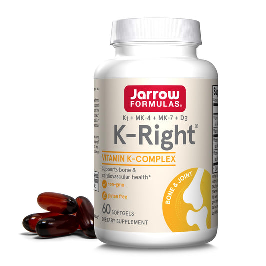 Jarrow Formulas K-Right bottle supports daily bone and heart health.
