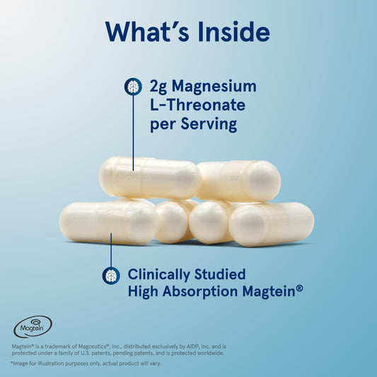 Jarrow Formulas MagMind capsules close-up highlighting Magtein per serving