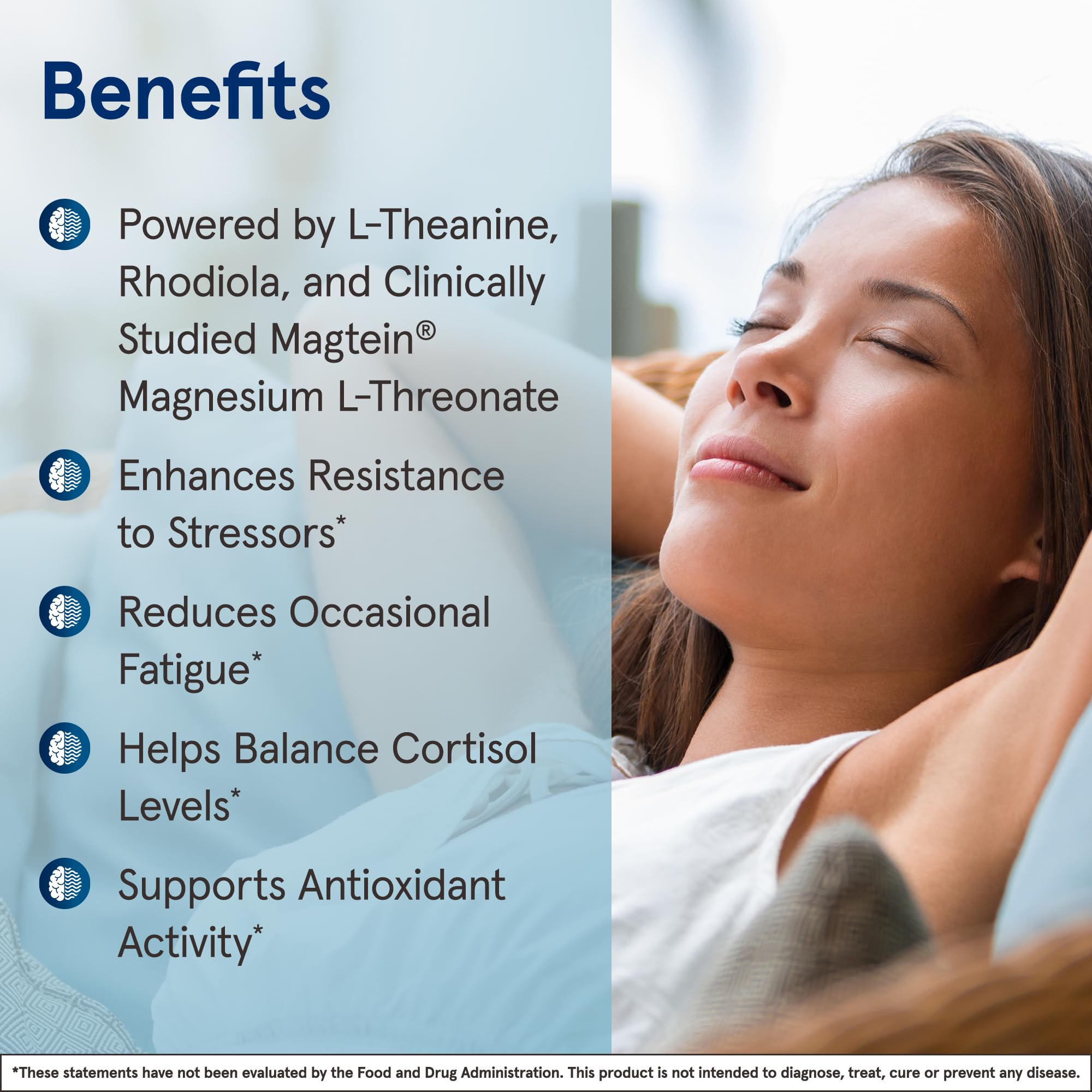L-Theanine and Rhodiolife components highlighted for relaxation and stress resilience.