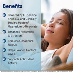 L-Theanine and Rhodiolife components highlighted for relaxation and stress resilience.