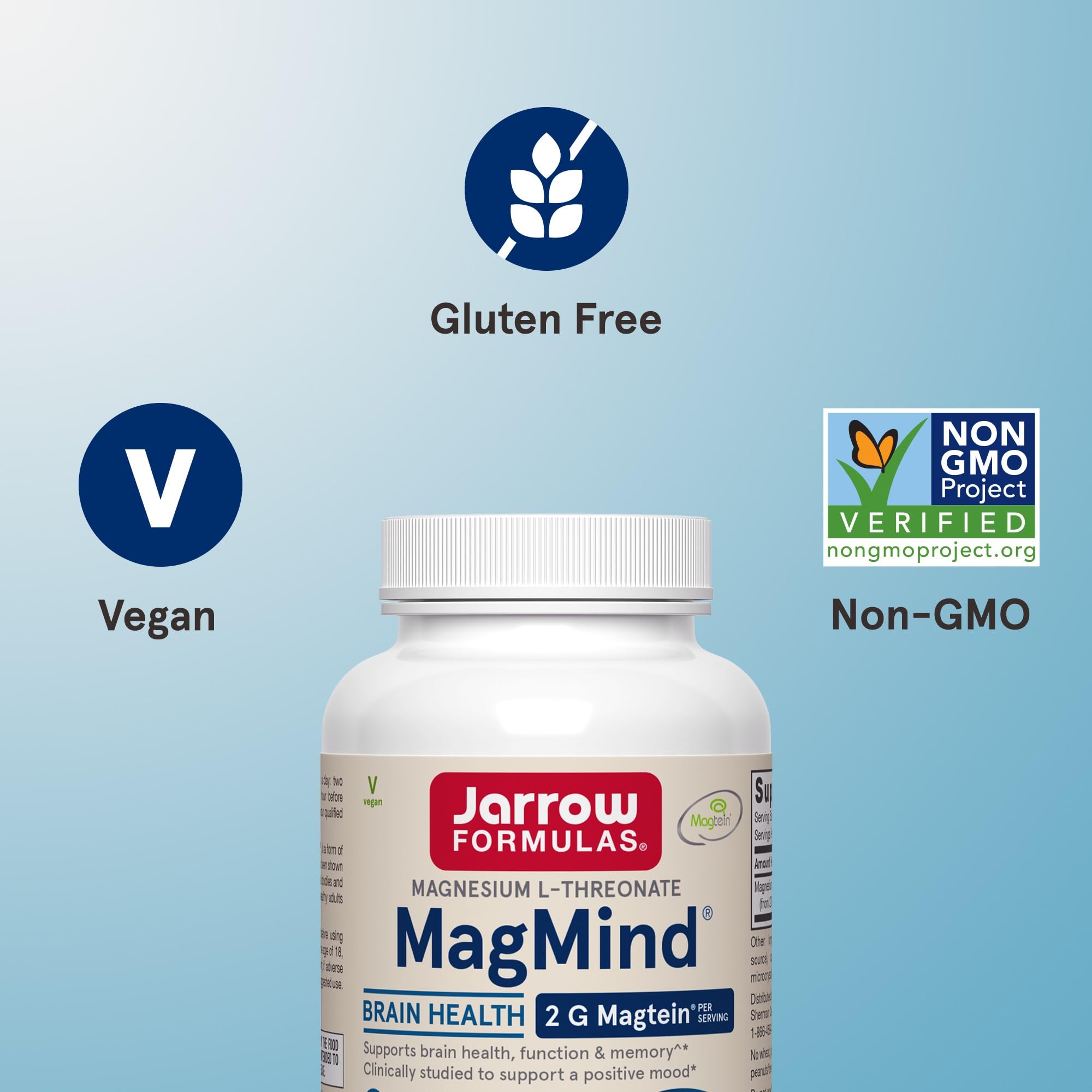 Jarrow Formulas MagMind nutrition facts panel highlights allergen-free formula.