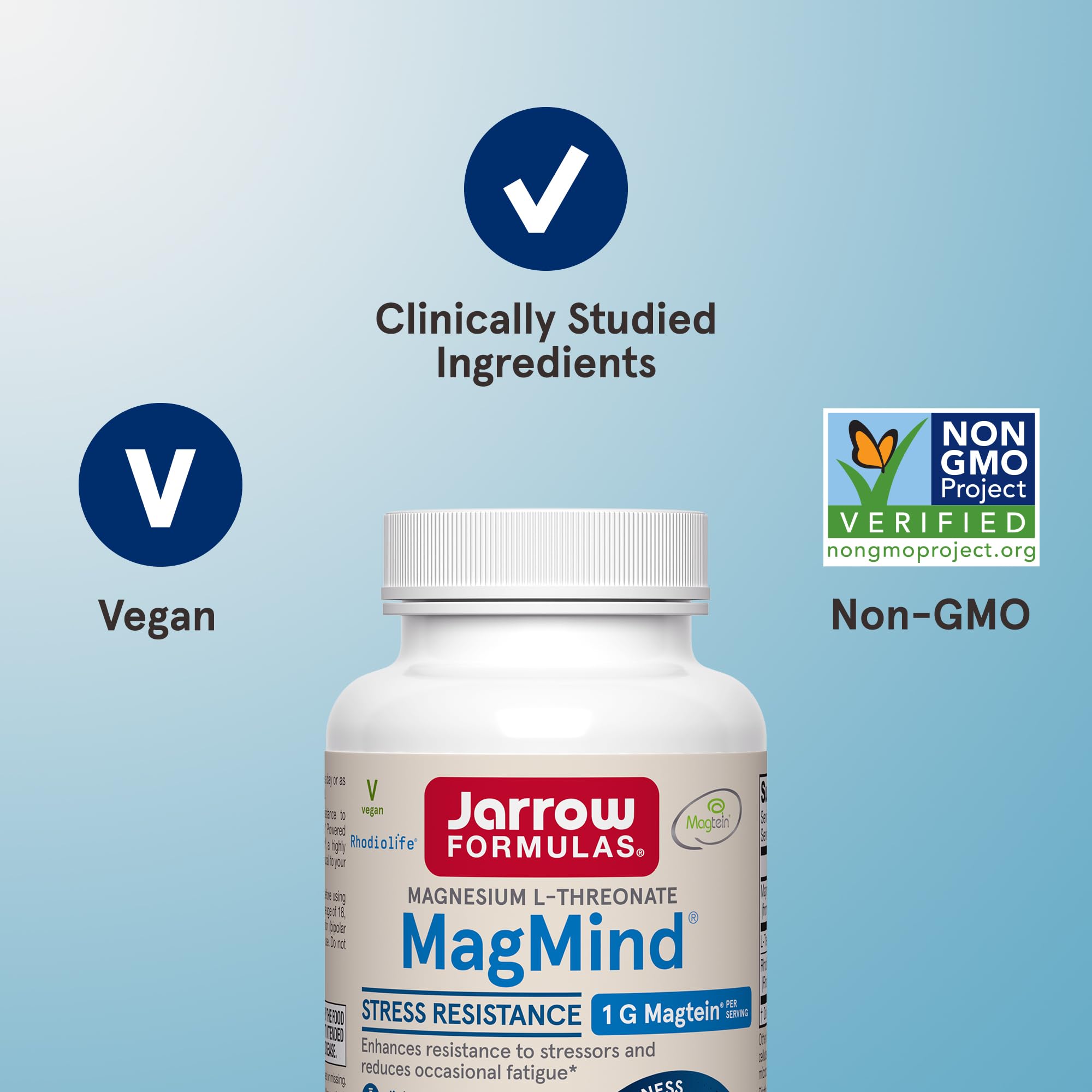 Packaging close-up showing Rhodiolife and magnesium ingredients in MagMind.