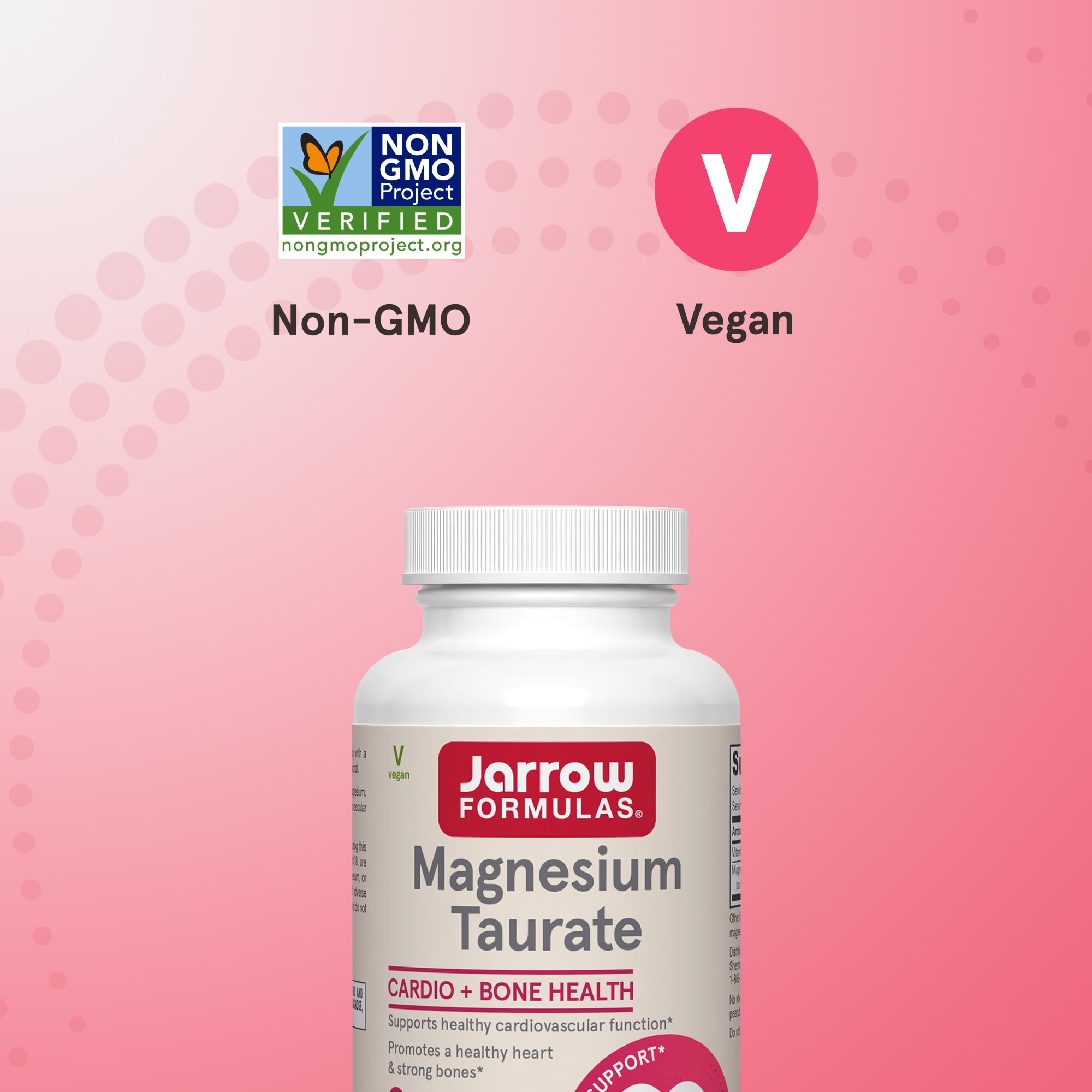 Front view of Jarrow Formulas Magnesium Taurate bottle emphasizing packaging