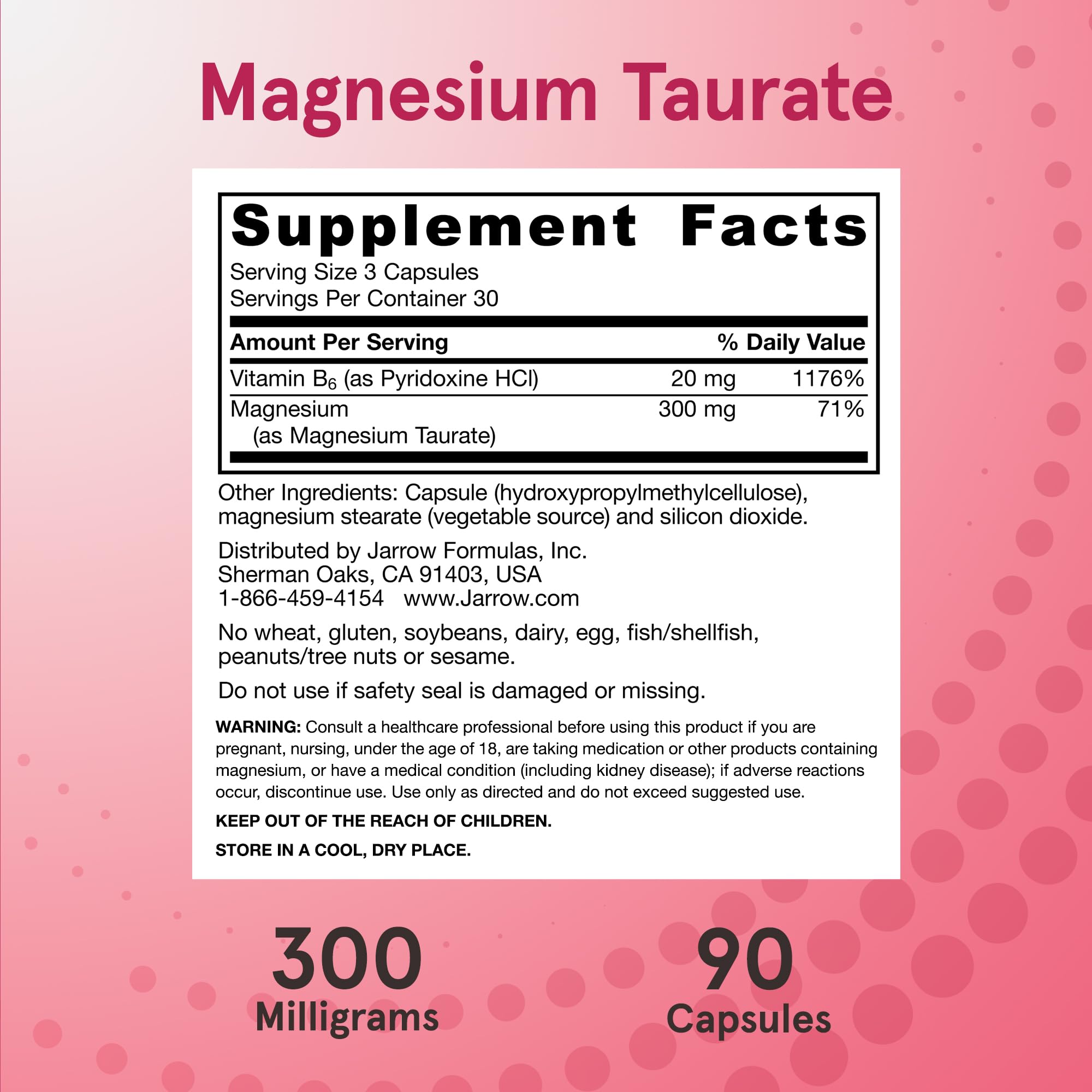 Supplement facts panel of Jarrow Formulas Magnesium Taurate highlighting magnesium bioavailability for heart and bone support