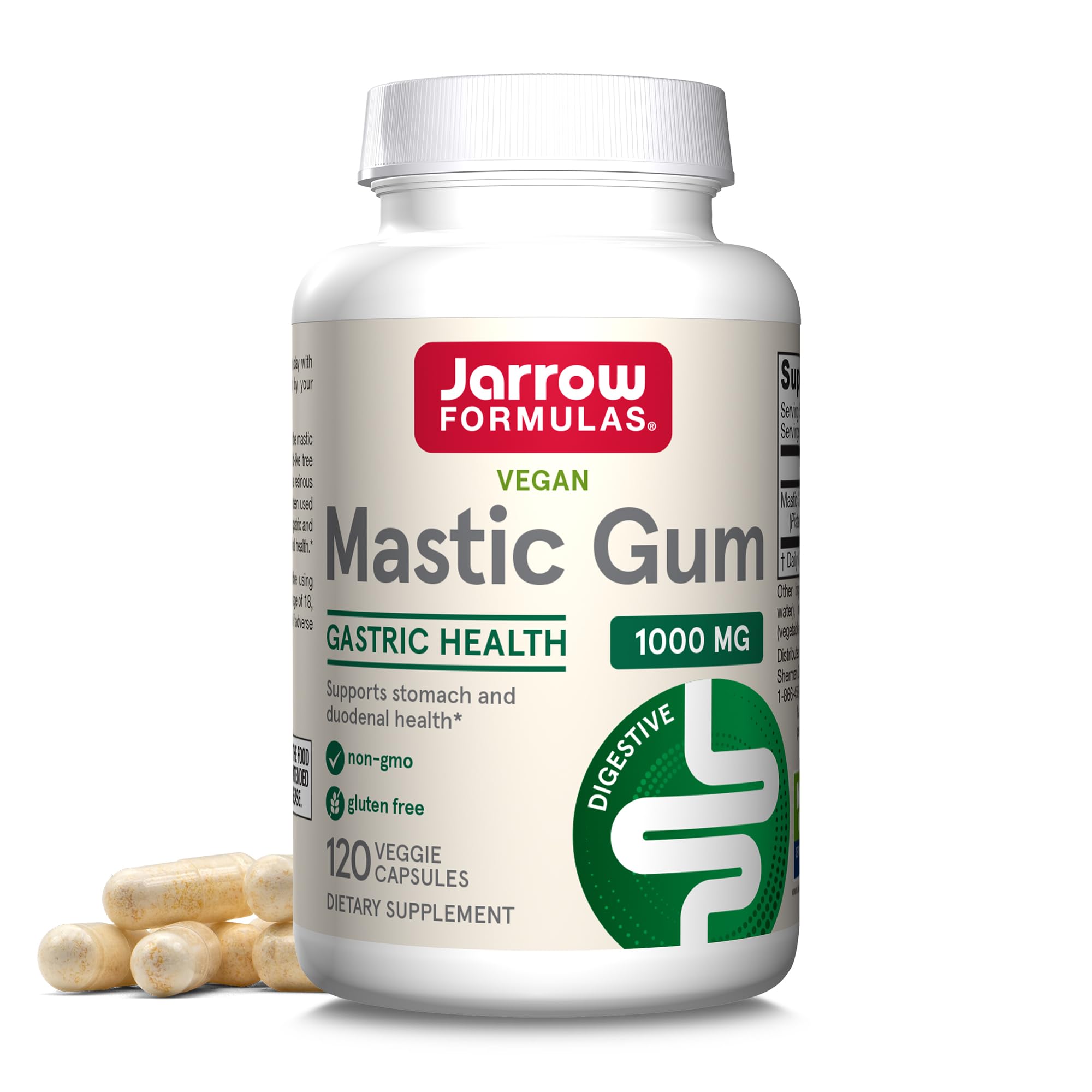 Jarrow Formulas Mastic Gum bottle view for convenient daily dosing and GI support