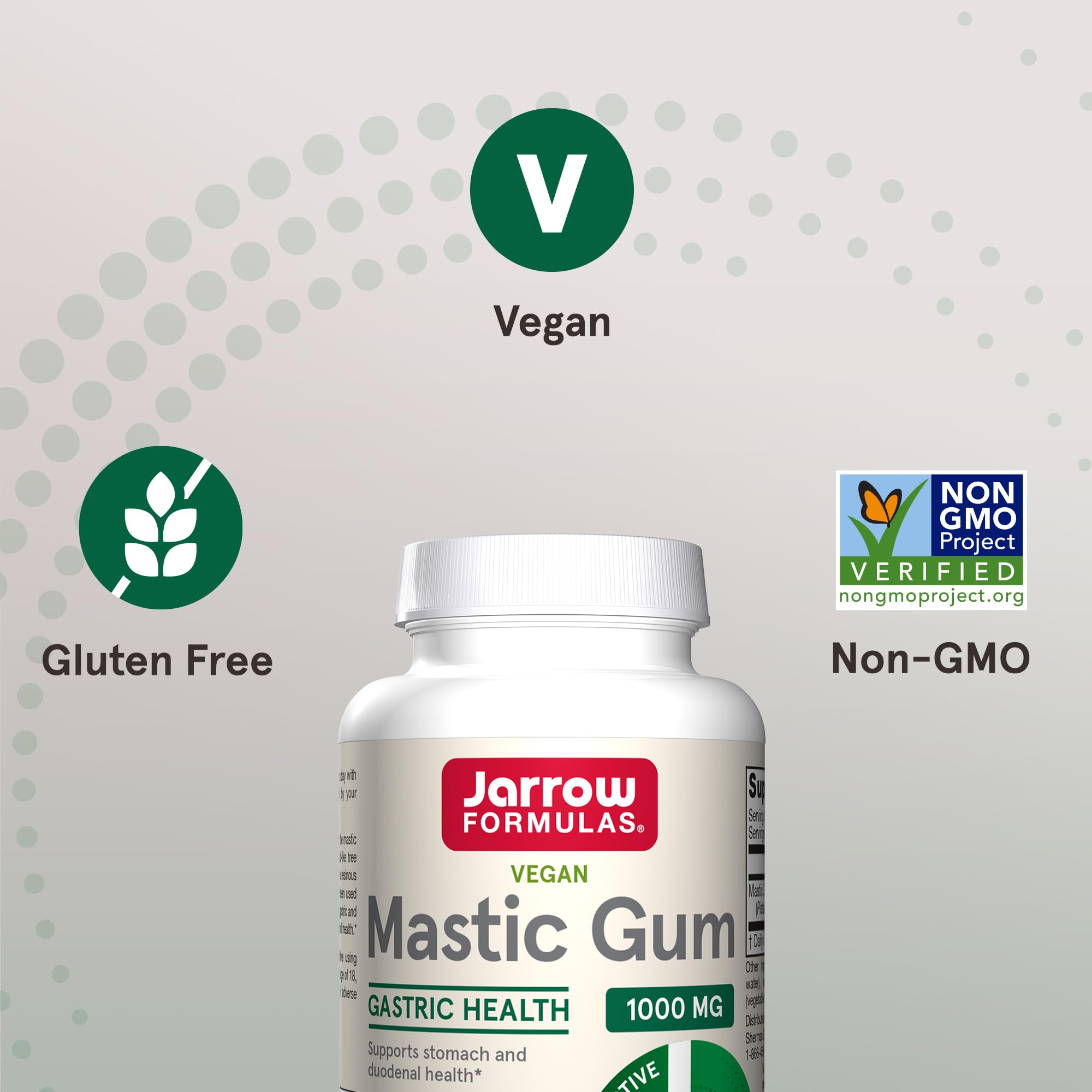 Jarrow Formulas Mastic Gum vegan and gluten-free icons on packaging