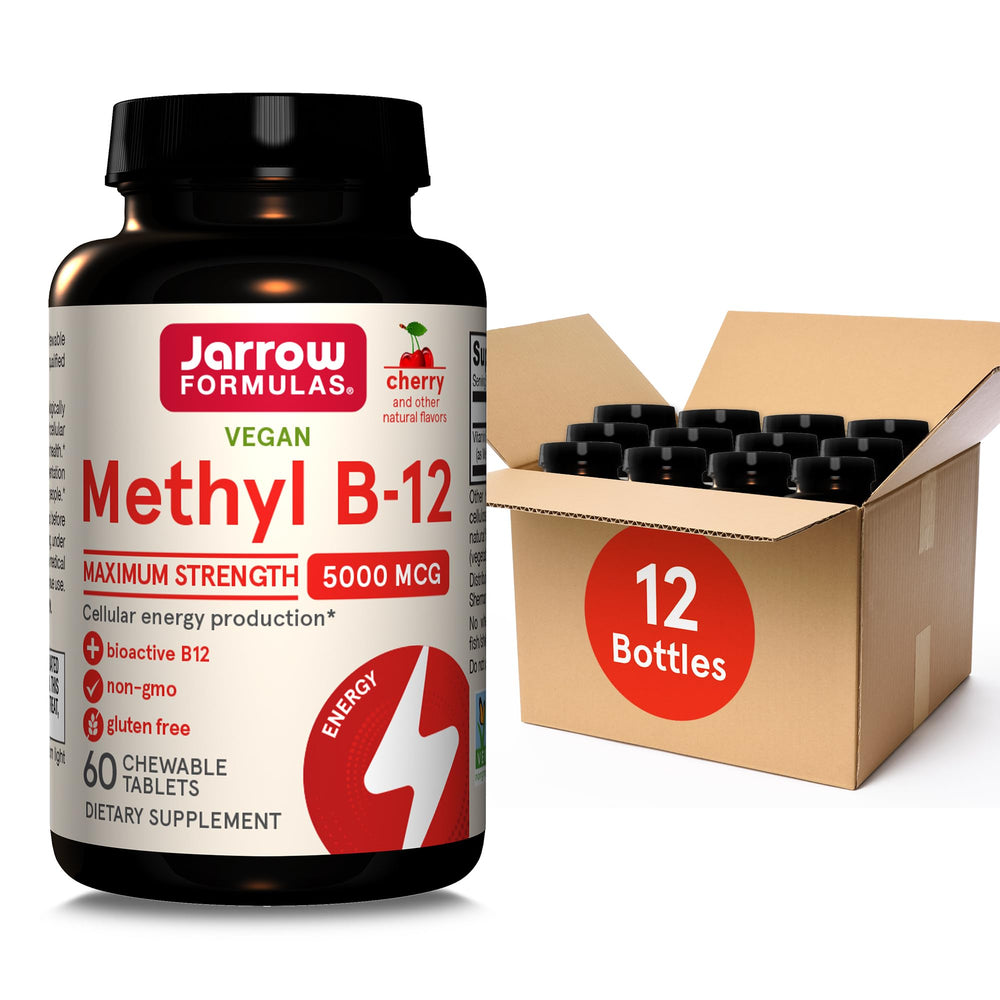 Jarrow Formulas Methyl B-12 cherry-flavored chewable tablet bottle promoting daily energy support.