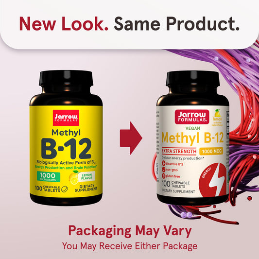 Jarrow Formulas Methyl B-12 lemon chewables close-up showing lemon flavor and easy intake.