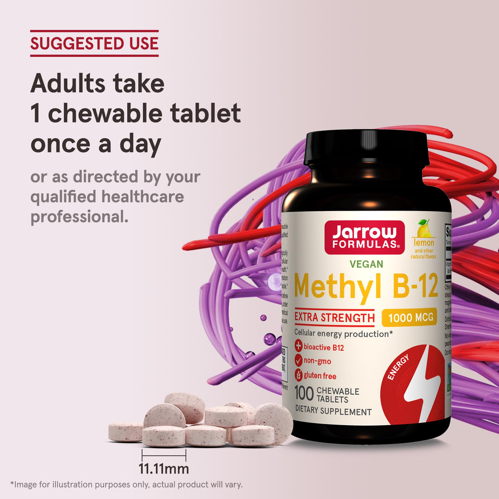 Jarrow Formulas methyl B-12 lemon chewables cap visible, demonstrating convenient daily use.