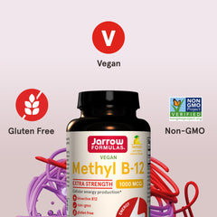 Jarrow Formulas methyl B-12 ultra-strength label emphasizing Non-GMO and gluten-free features.