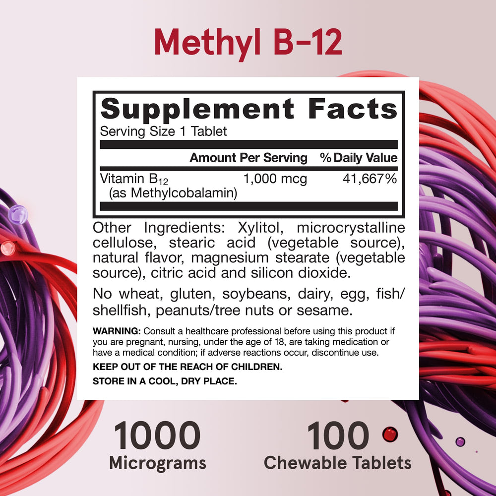 Jarrow Formulas methyl B-12 nutrition facts panel highlighting dosage and ingredients.