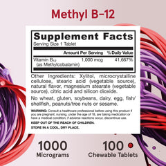 Jarrow Formulas methyl B-12 nutrition facts panel highlighting dosage and ingredients.