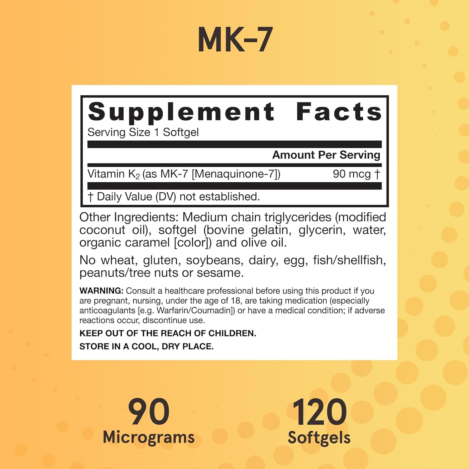 Jarrow MK-7 glass bottle, label facing forward, oil-based capsule content