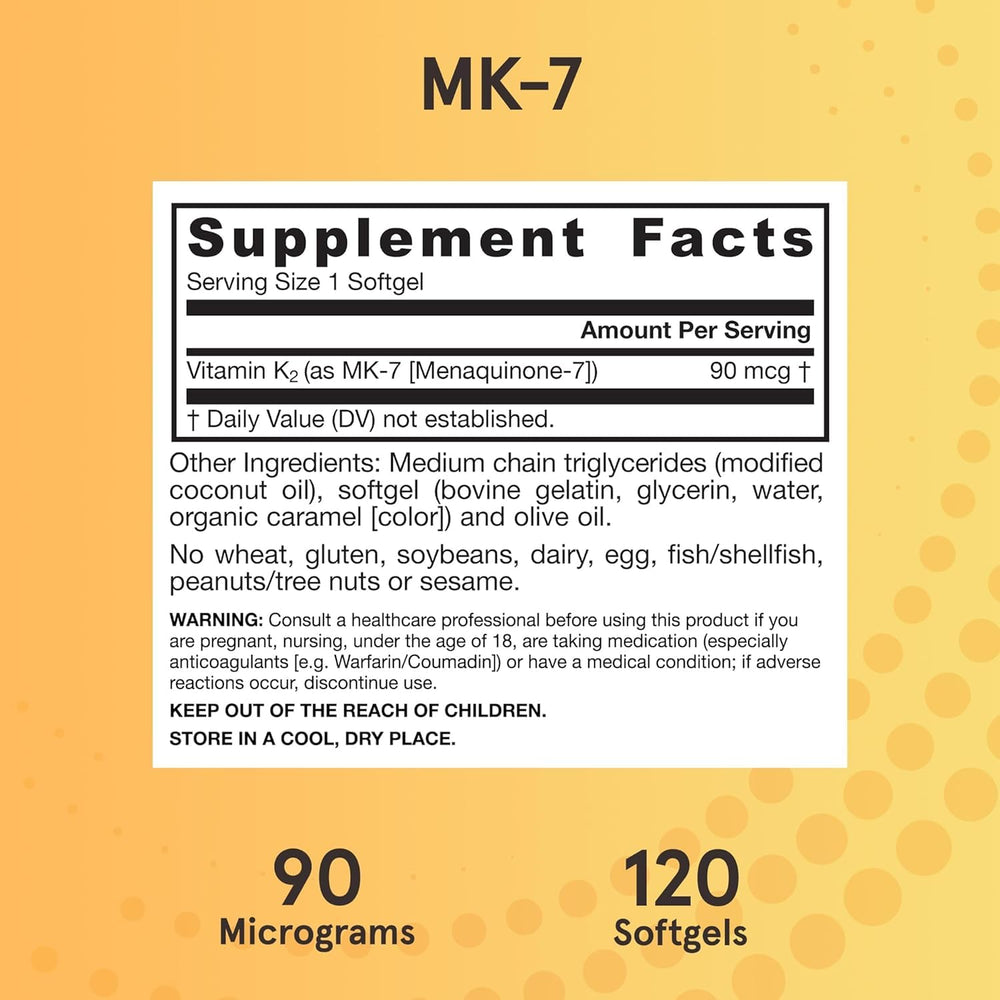 Jarrow MK-7 glass bottle, label facing forward, oil-based capsule content